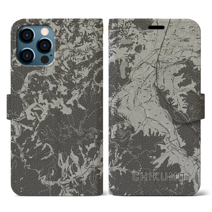 【千曲（長野県）】地図柄iPhoneケース（手帳タイプ）モノトーン・iPhone 12 / 12 Pro 用