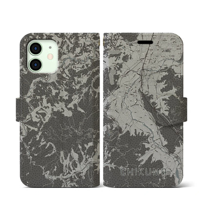 【千曲（長野県）】地図柄iPhoneケース（手帳タイプ）モノトーン・iPhone 12 mini 用