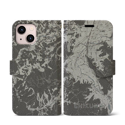 【千曲（長野県）】地図柄iPhoneケース（手帳タイプ）モノトーン・iPhone 13 mini 用