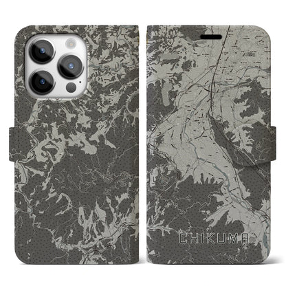 【千曲（長野県）】地図柄iPhoneケース（手帳タイプ）モノトーン・iPhone 14 Pro 用