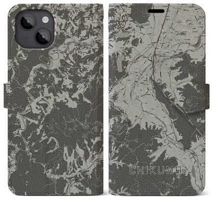 【千曲（長野県）】地図柄iPhoneケース（手帳タイプ）モノトーン・iPhone 14 Plus 用