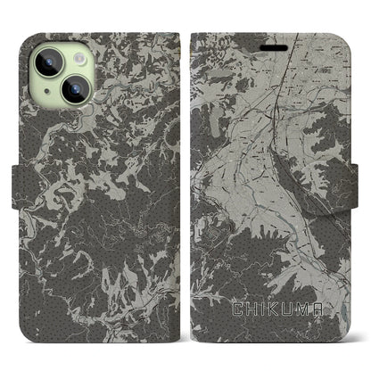 【千曲（長野県）】地図柄iPhoneケース（手帳タイプ）モノトーン・iPhone 15 用