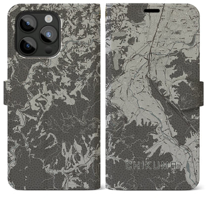 【千曲（長野県）】地図柄iPhoneケース（手帳タイプ）モノトーン・iPhone 15 Pro Max 用