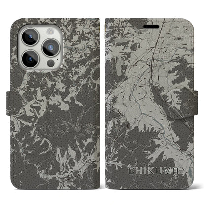 【千曲（長野県）】地図柄iPhoneケース（手帳タイプ）モノトーン・iPhone 15 Pro 用