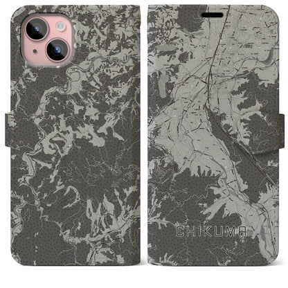 【千曲（長野県）】地図柄iPhoneケース（手帳タイプ）モノトーン・iPhone 15 Plus 用