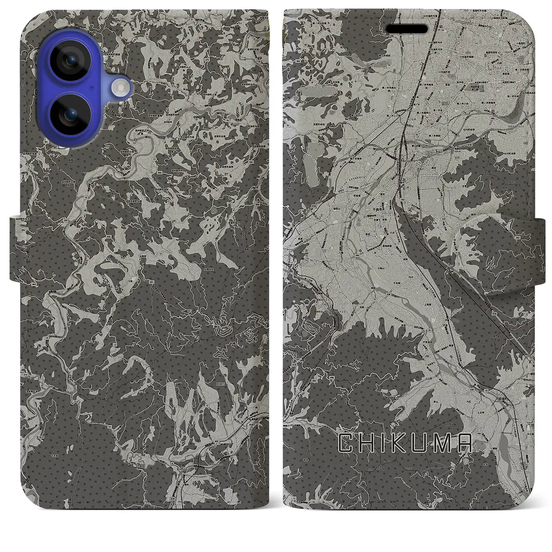 【千曲(長野県)】地図柄iPhoneケース(手帳タイプ)モノトーン・iPhone 16 Pro Max 用