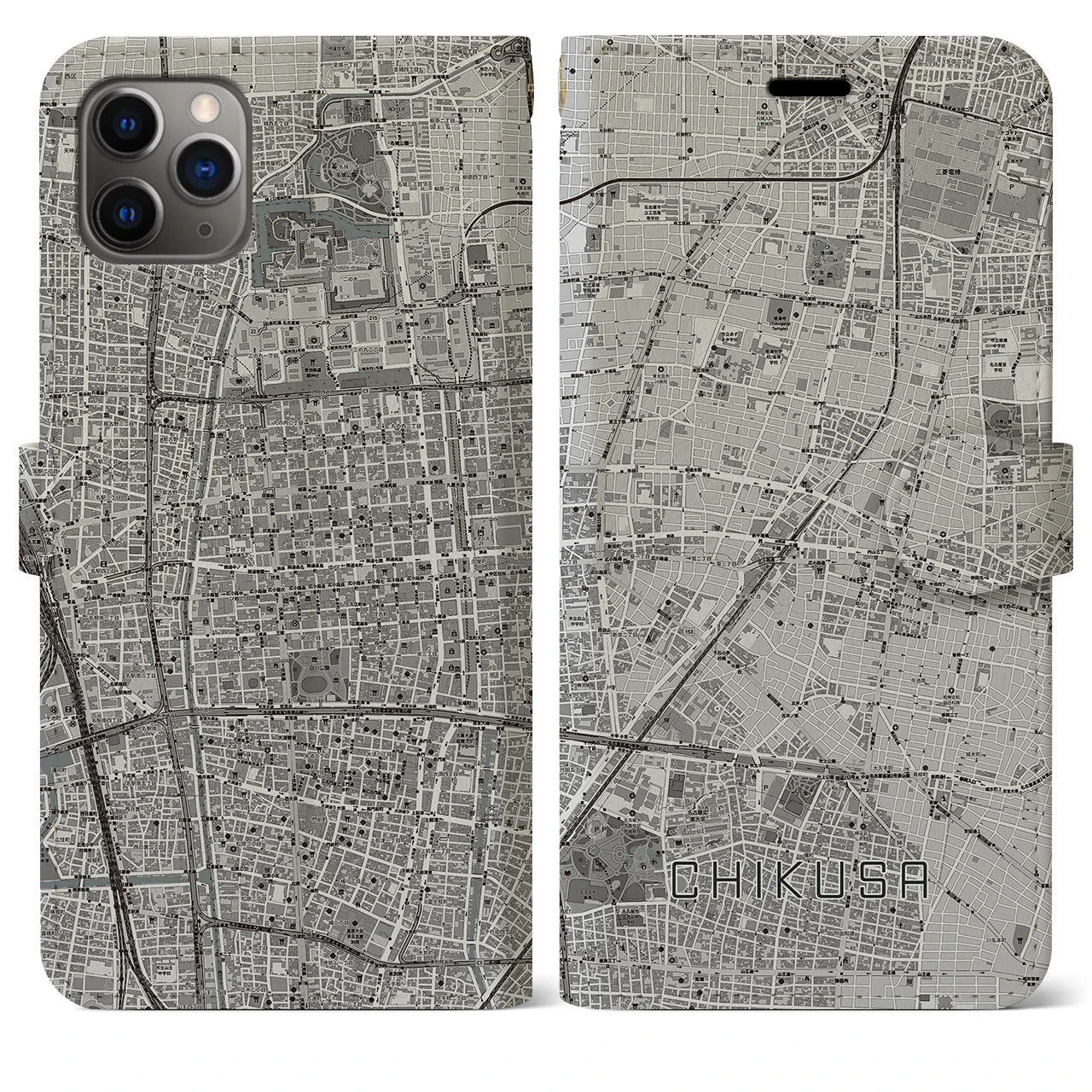 【千種】地図柄iPhoneケース（手帳両面タイプ・モノトーン）iPhone 11 Pro Max 用