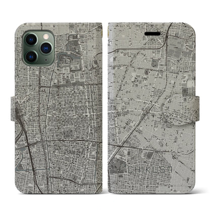 【千種（愛知県）】地図柄iPhoneケース（手帳タイプ）モノトーン・iPhone 11 Pro 用