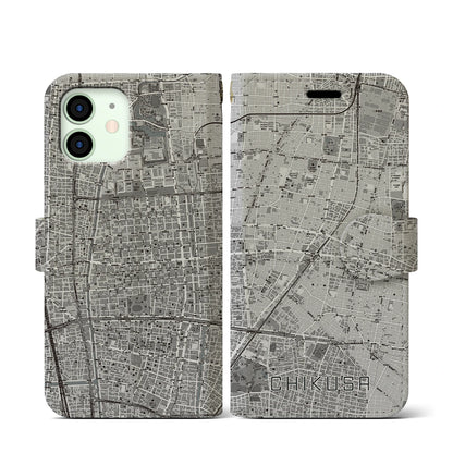 【千種（愛知県）】地図柄iPhoneケース（手帳タイプ）モノトーン・iPhone 12 mini 用