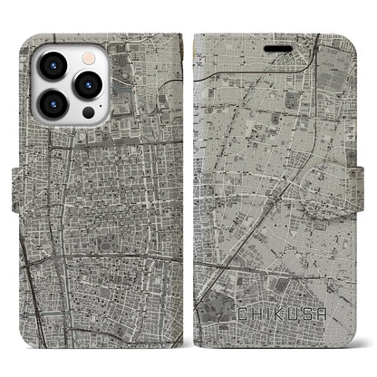 【千種（愛知県）】地図柄iPhoneケース（手帳タイプ）モノトーン・iPhone 13 Pro 用