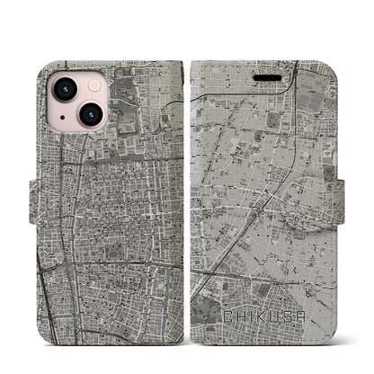 【千種（愛知県）】地図柄iPhoneケース（手帳タイプ）モノトーン・iPhone 13 mini 用