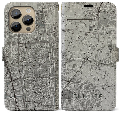 【千種（愛知県）】地図柄iPhoneケース（手帳タイプ）モノトーン・iPhone 14 Pro Max 用