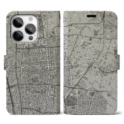 【千種（愛知県）】地図柄iPhoneケース（手帳タイプ）モノトーン・iPhone 14 Pro 用