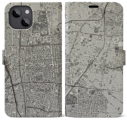 【千種（愛知県）】地図柄iPhoneケース（手帳タイプ）モノトーン・iPhone 14 Plus 用