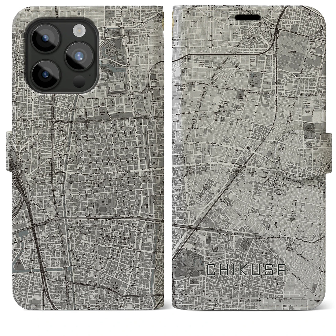 【千種】地図柄iPhoneケース（手帳両面タイプ・モノトーン）iPhone 15 Pro Max 用