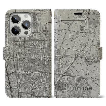 【千種（愛知県）】地図柄iPhoneケース（手帳タイプ）モノトーン・iPhone 15 Pro 用