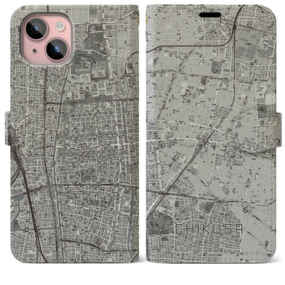 【千種（愛知県）】地図柄iPhoneケース（手帳タイプ）モノトーン・iPhone 15 Plus 用