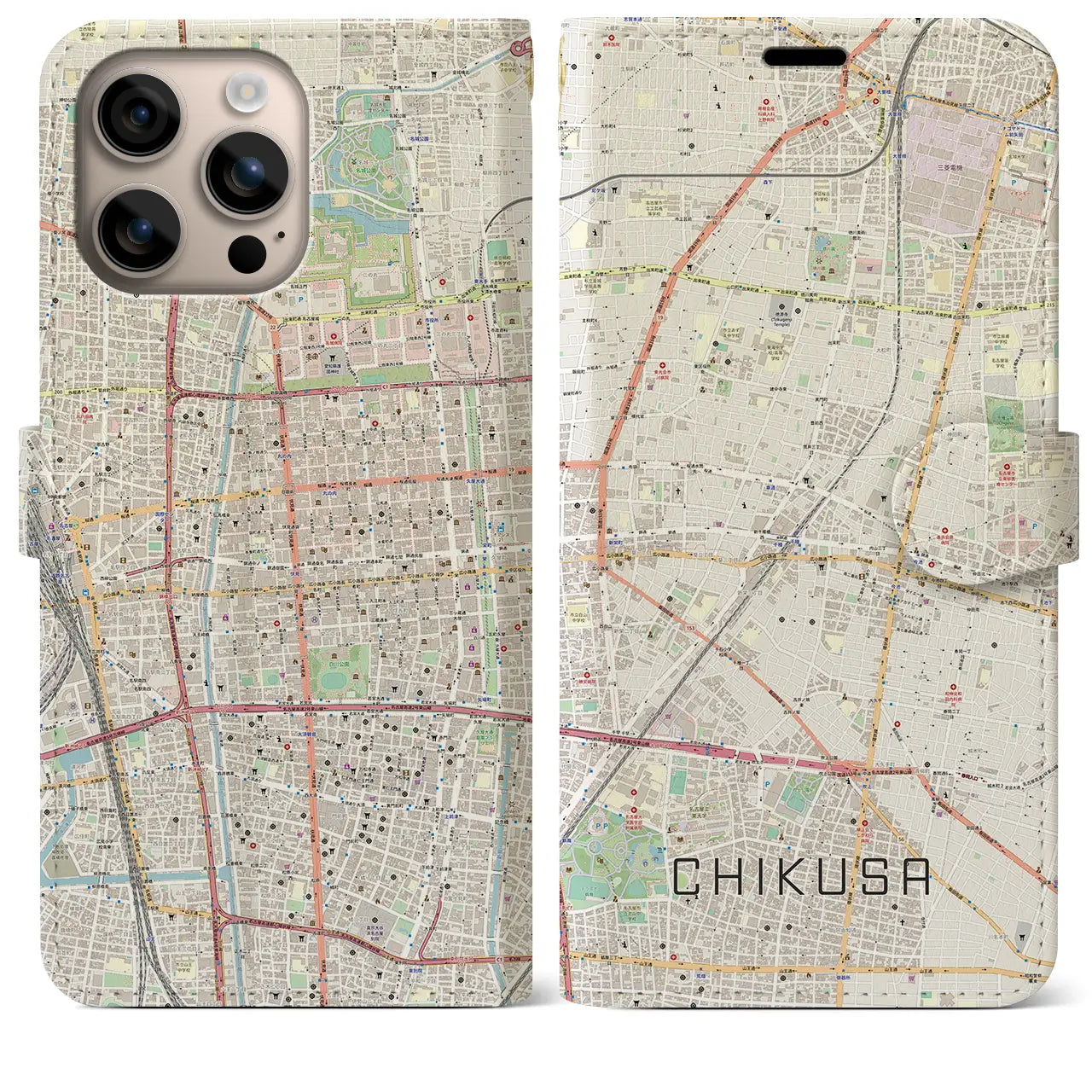 【千種（愛知県）】地図柄iPhoneケース（手帳タイプ）ナチュラル・iPhone 16 Plus 用