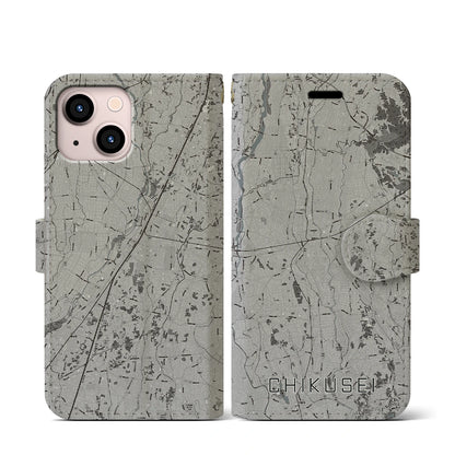 【筑西（茨城県）】地図柄iPhoneケース（手帳タイプ）モノトーン・iPhone 13 mini 用