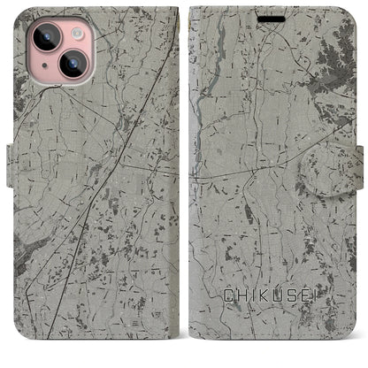 【筑西（茨城県）】地図柄iPhoneケース（手帳タイプ）モノトーン・iPhone 15 Plus 用