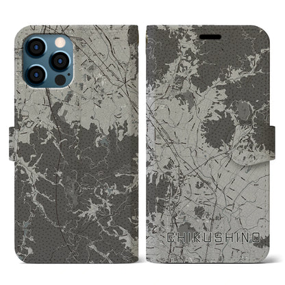 【筑紫野（福岡県）】地図柄iPhoneケース（手帳タイプ）モノトーン・iPhone 12 / 12 Pro 用
