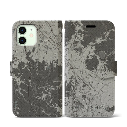 【筑紫野（福岡県）】地図柄iPhoneケース（手帳タイプ）モノトーン・iPhone 12 mini 用
