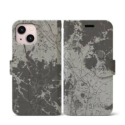 【筑紫野（福岡県）】地図柄iPhoneケース（手帳タイプ）モノトーン・iPhone 13 mini 用