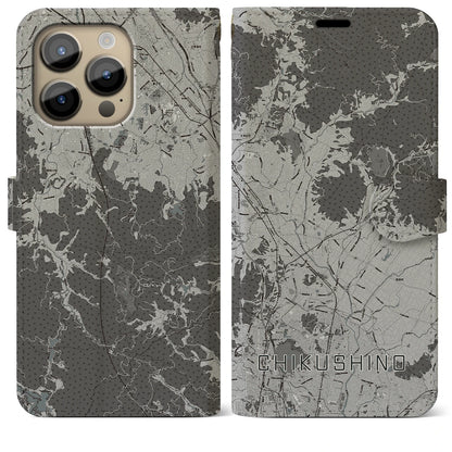 【筑紫野（福岡県）】地図柄iPhoneケース（手帳タイプ）モノトーン・iPhone 14 Pro Max 用