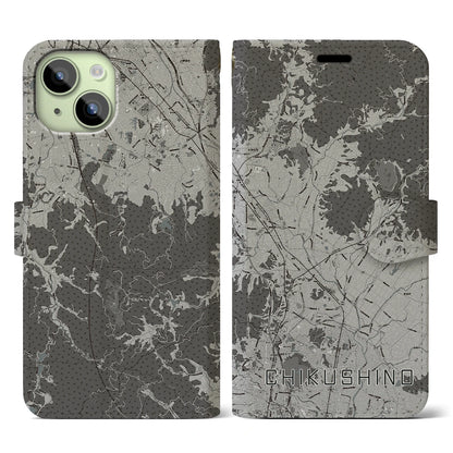 【筑紫野（福岡県）】地図柄iPhoneケース（手帳タイプ）モノトーン・iPhone 15 用