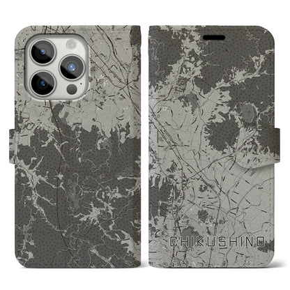 【筑紫野（福岡県）】地図柄iPhoneケース（手帳タイプ）モノトーン・iPhone 15 Pro 用