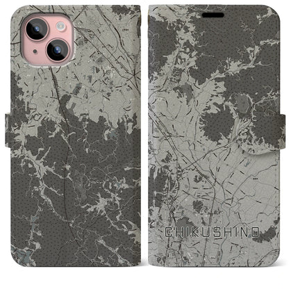 【筑紫野（福岡県）】地図柄iPhoneケース（手帳タイプ）モノトーン・iPhone 15 Plus 用