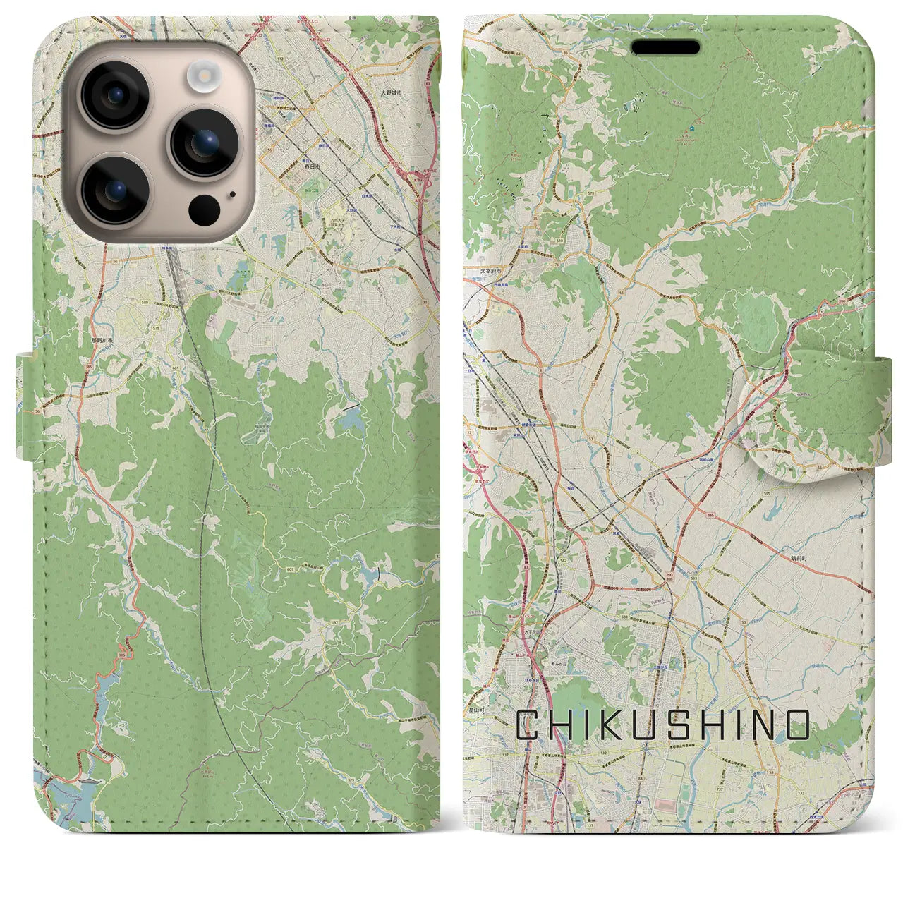 【筑紫野（福岡県）】地図柄iPhoneケース（手帳タイプ）ナチュラル・iPhone 16 Plus 用