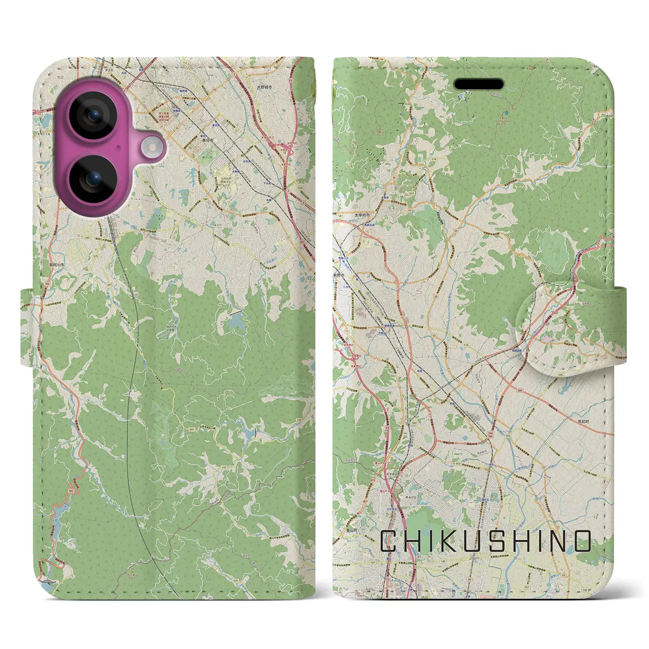 【筑紫野（福岡県）】地図柄iPhoneケース（手帳タイプ）ナチュラル・iPhone 16 Pro 用