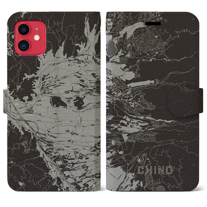【茅野（長野県）】地図柄iPhoneケース（手帳タイプ）モノトーン・iPhone 11 用