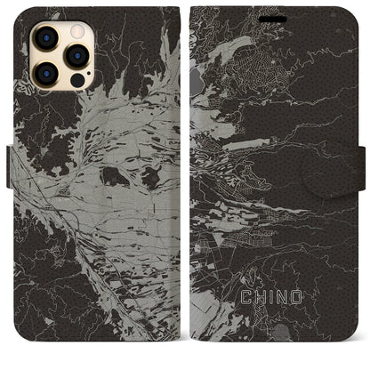 【茅野（長野県）】地図柄iPhoneケース（手帳タイプ）モノトーン・iPhone 12 Pro Max 用