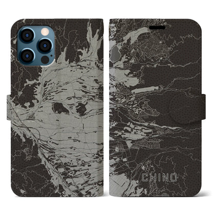 【茅野（長野県）】地図柄iPhoneケース（手帳タイプ）モノトーン・iPhone 12 / 12 Pro 用