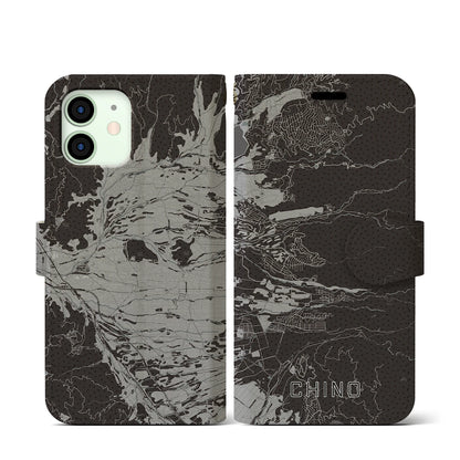 【茅野（長野県）】地図柄iPhoneケース（手帳タイプ）モノトーン・iPhone 12 mini 用