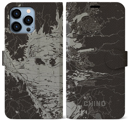 【茅野（長野県）】地図柄iPhoneケース（手帳タイプ）モノトーン・iPhone 13 Pro Max 用