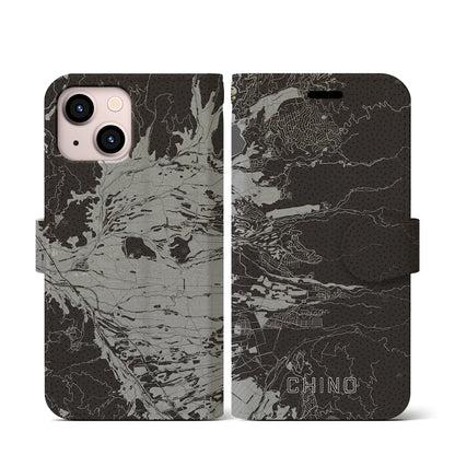 【茅野（長野県）】地図柄iPhoneケース（手帳タイプ）モノトーン・iPhone 13 mini 用