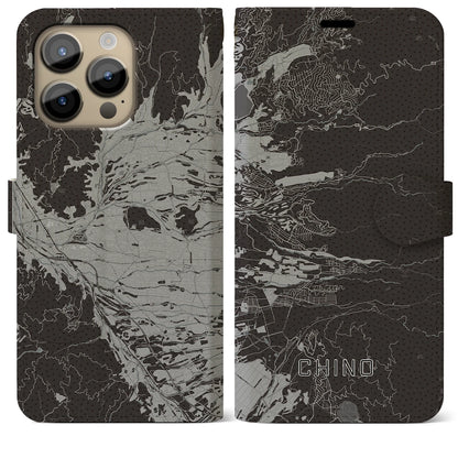 【茅野（長野県）】地図柄iPhoneケース（手帳タイプ）モノトーン・iPhone 14 Pro Max 用