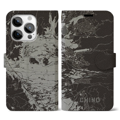 【茅野（長野県）】地図柄iPhoneケース（手帳タイプ）モノトーン・iPhone 14 Pro 用