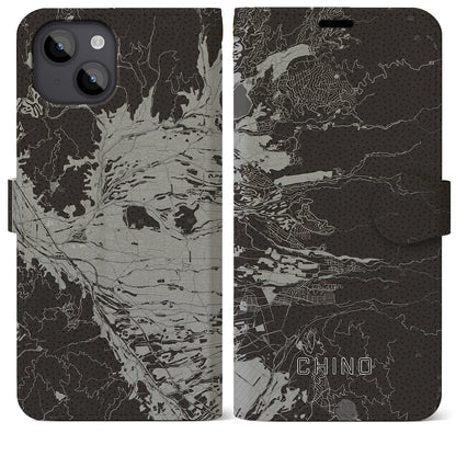 【茅野（長野県）】地図柄iPhoneケース（手帳タイプ）モノトーン・iPhone 14 Plus 用