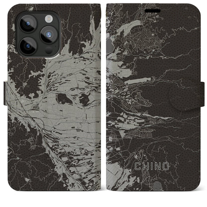 【茅野（長野県）】地図柄iPhoneケース（手帳タイプ）モノトーン・iPhone 15 Pro Max 用