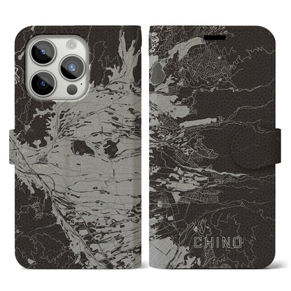 【茅野（長野県）】地図柄iPhoneケース（手帳タイプ）モノトーン・iPhone 15 Pro 用