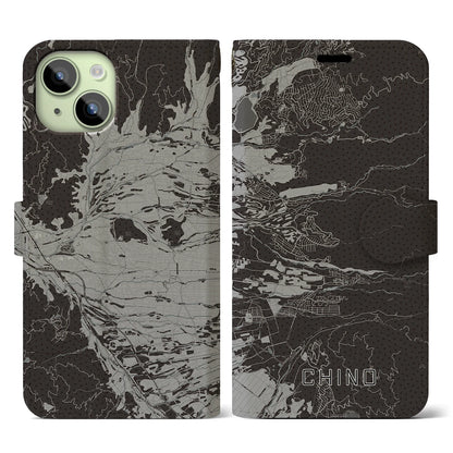 【茅野（長野県）】地図柄iPhoneケース（手帳タイプ）モノトーン・iPhone 15 用