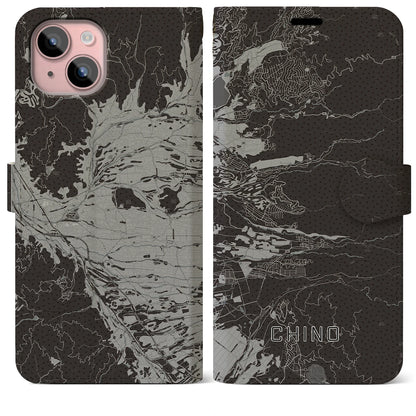 【茅野（長野県）】地図柄iPhoneケース（手帳タイプ）モノトーン・iPhone 15 Plus 用