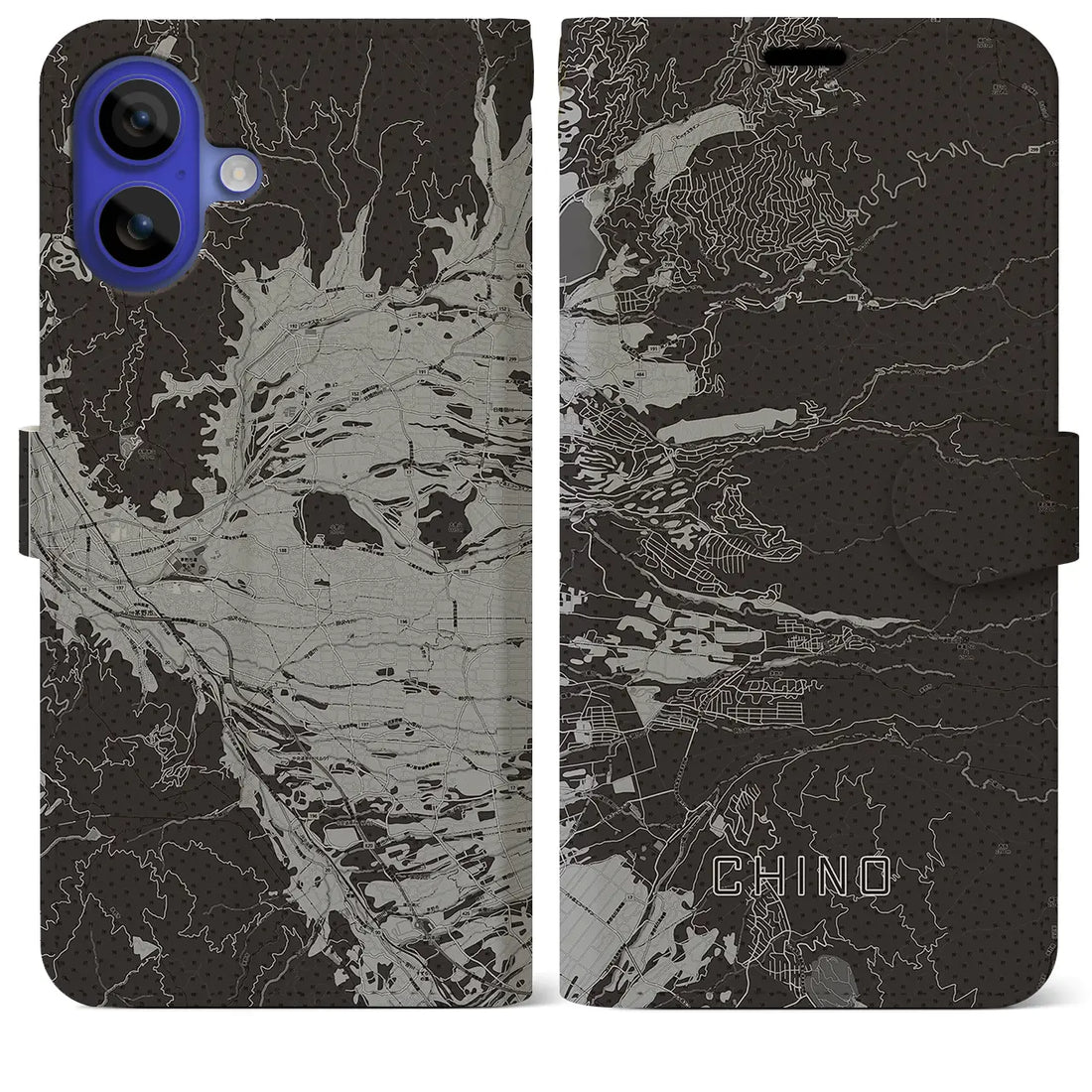 【茅野(長野県)】地図柄iPhoneケース(手帳タイプ)モノトーン・iPhone 16 Pro Max 用