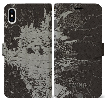 【茅野（長野県）】地図柄iPhoneケース（手帳タイプ）モノトーン・iPhone XS Max 用