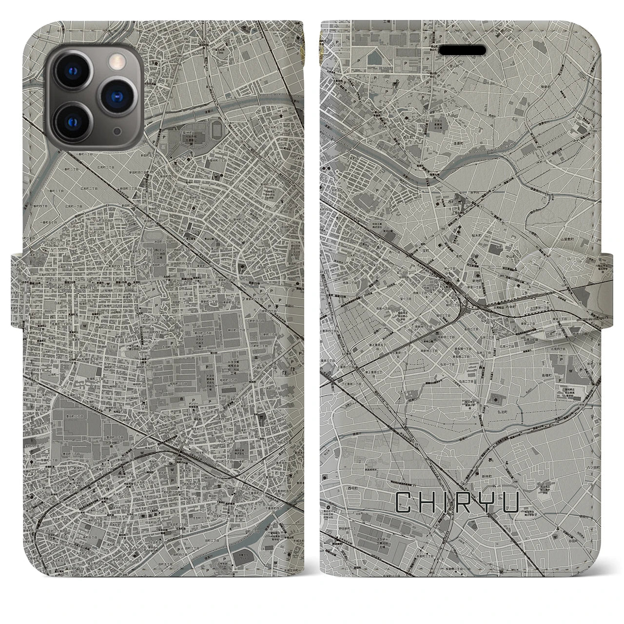 【知立】地図柄iPhoneケース（手帳両面タイプ・モノトーン）iPhone 11 Pro Max 用