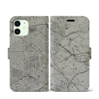 【知立（愛知県）】地図柄iPhoneケース（手帳タイプ）モノトーン・iPhone 12 mini 用